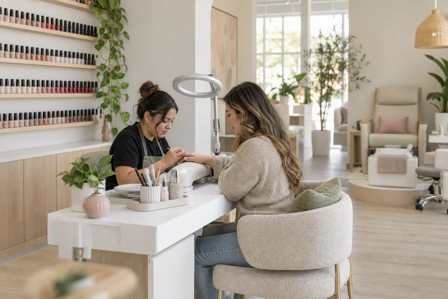 Tiệm nail sáng sủa, thợ nail đang làm móng cho khách tại ghế màu trắng