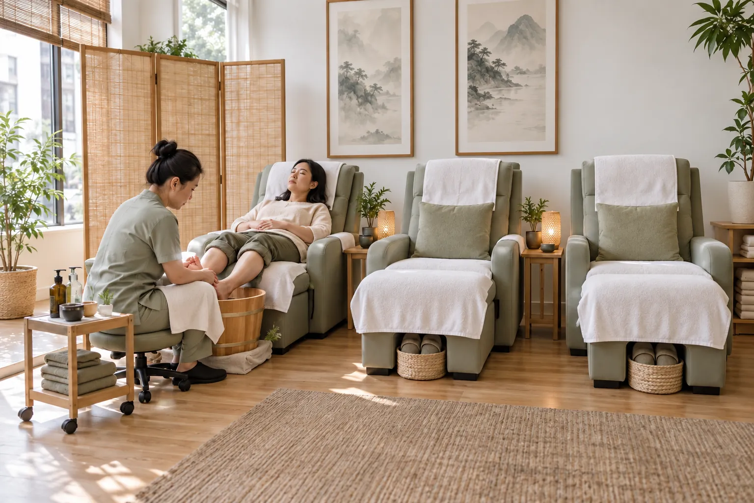 Phòng massage buổi tối với giường trị liệu và đèn ấm