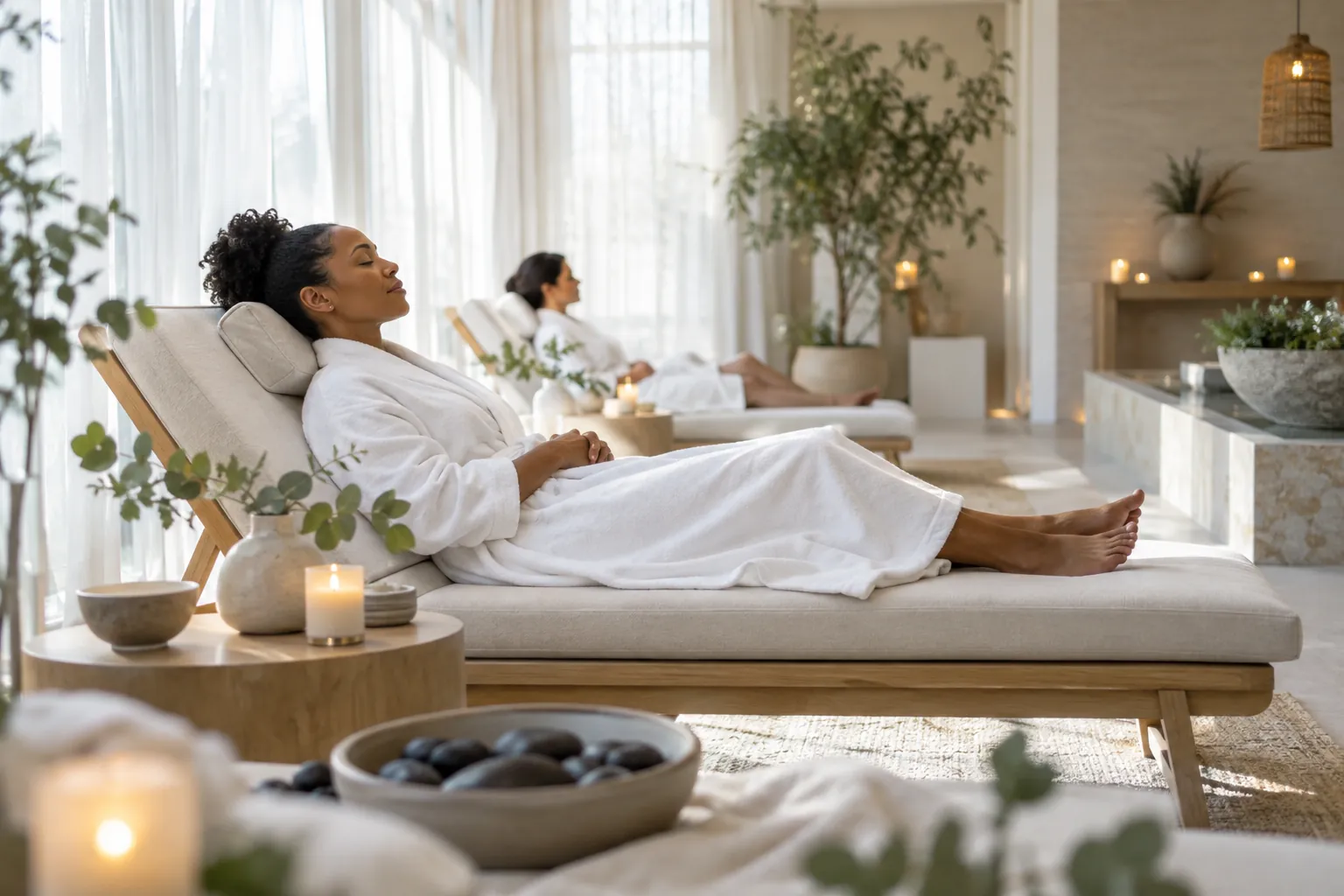 Phòng spa sáng sủa với khăn màu bạc hà và cây xanh