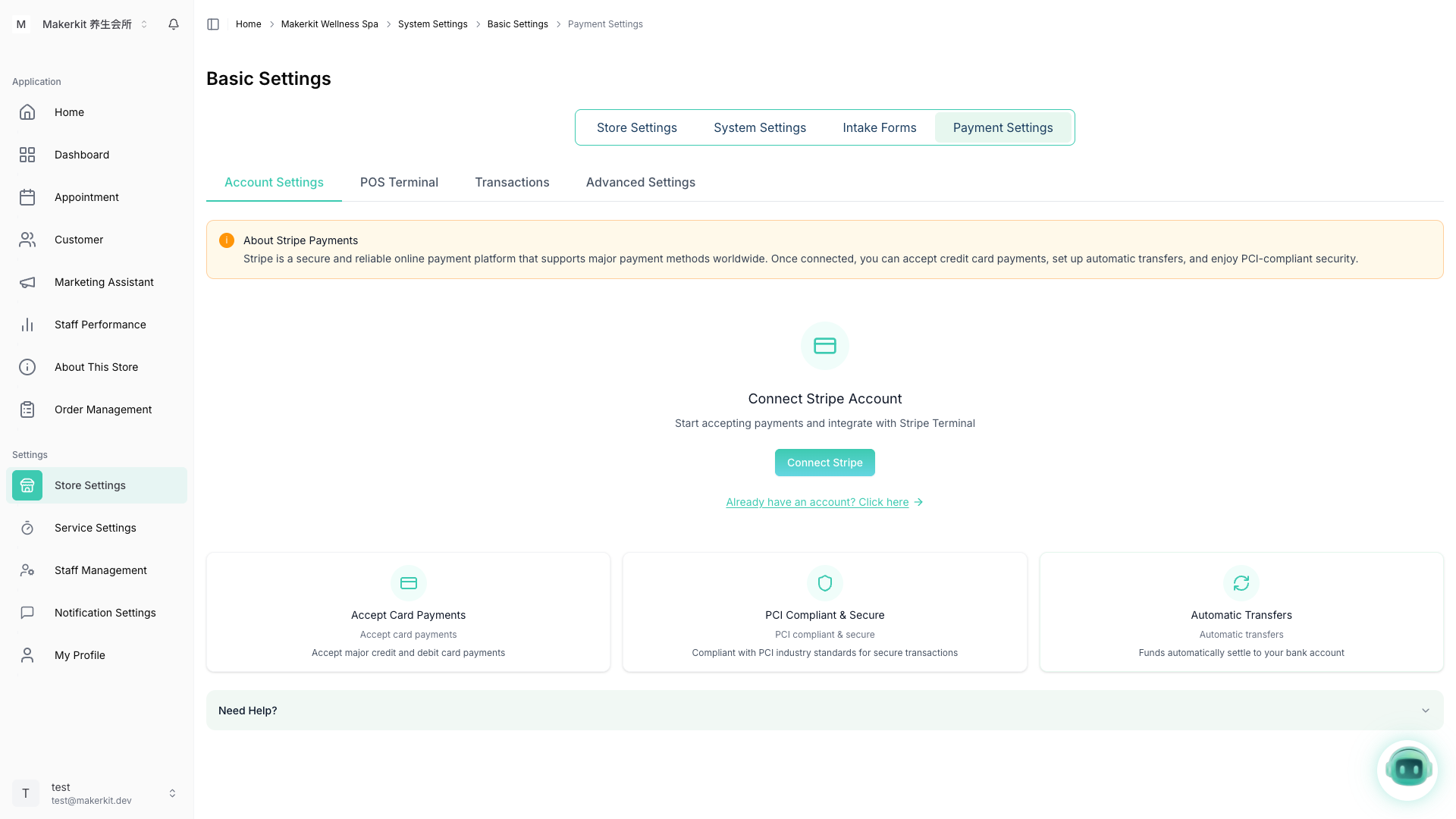 Trang Cài đặt thanh toán Kuee với tab Cài đặt tài khoản hiển thị màn hình Kết nối tài khoản Stripe, bao gồm nút Connect Stripe và ba thẻ tính năng