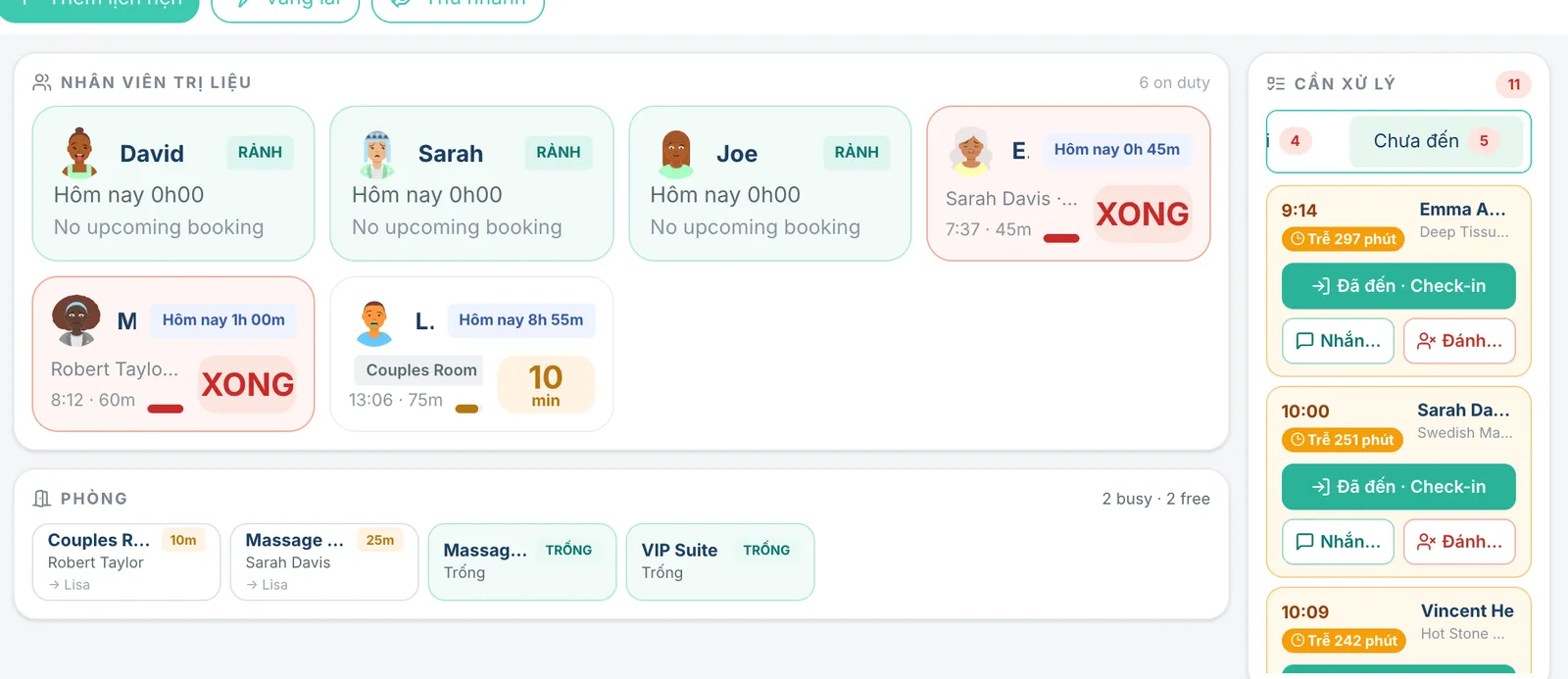 Danh sách Chưa đến với nút check-in, nhắn tin và đánh dấu không đến