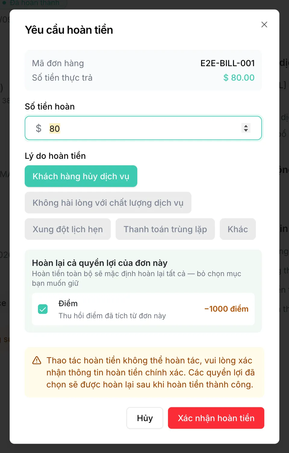 Hộp thoại hoàn tiền cho phép thu hồi điểm đã tích của đơn này