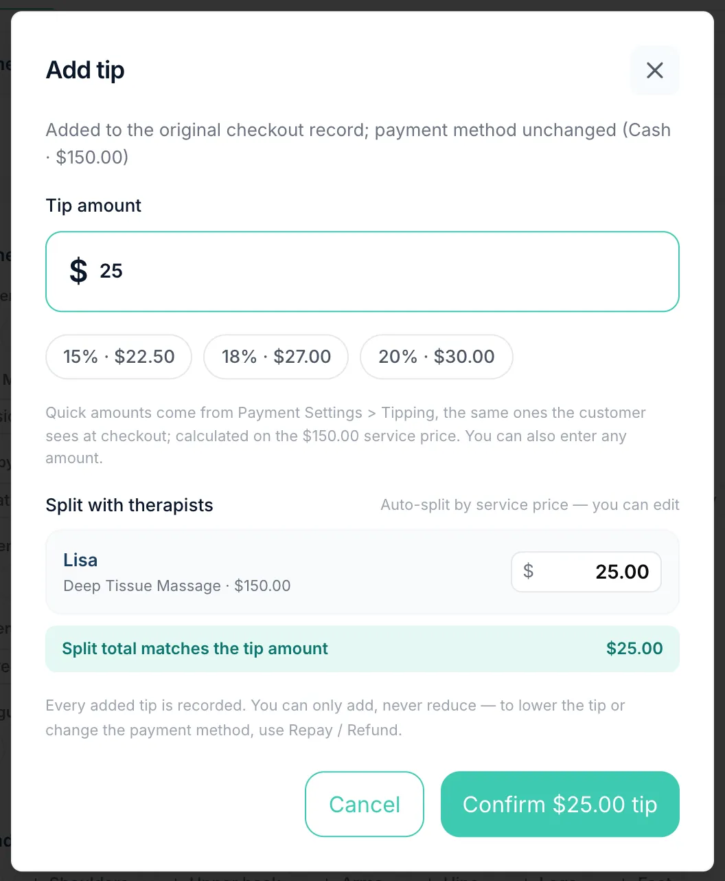 The Add tip dialog with a $25 tip entered and the split to the therapist