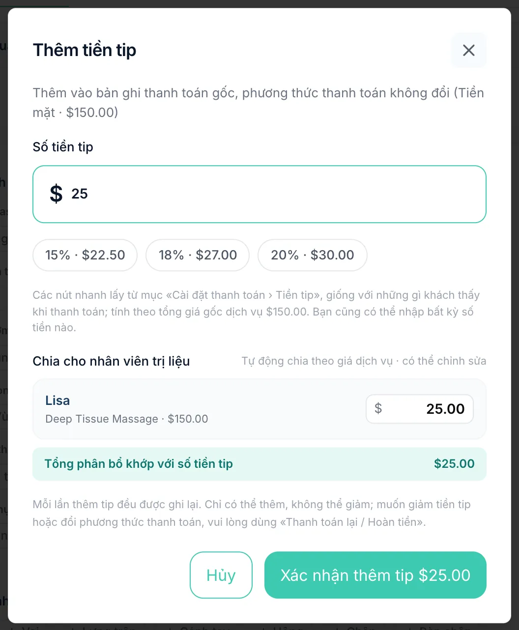 Hộp thoại Thêm tiền tip với $25 và phần chia cho nhân viên trị liệu