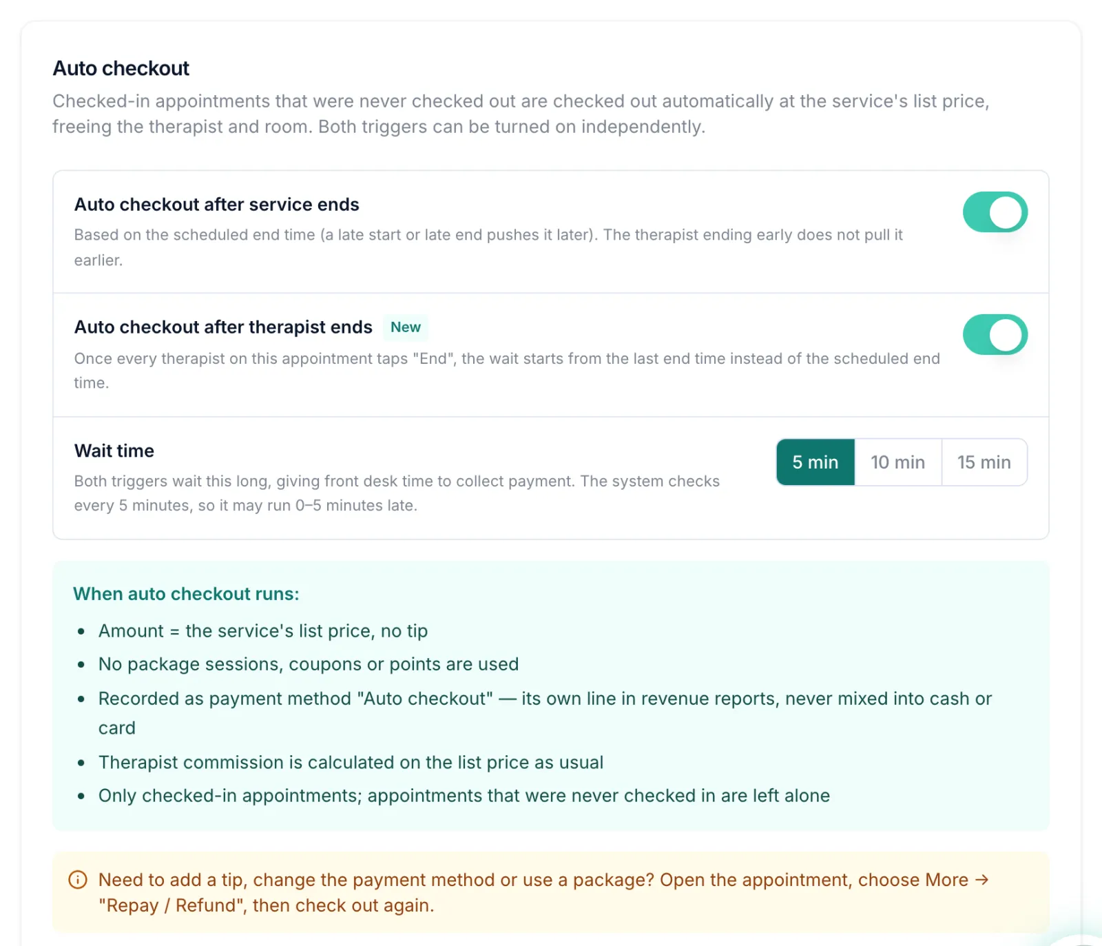 The Auto checkout settings with both switches and the wait time