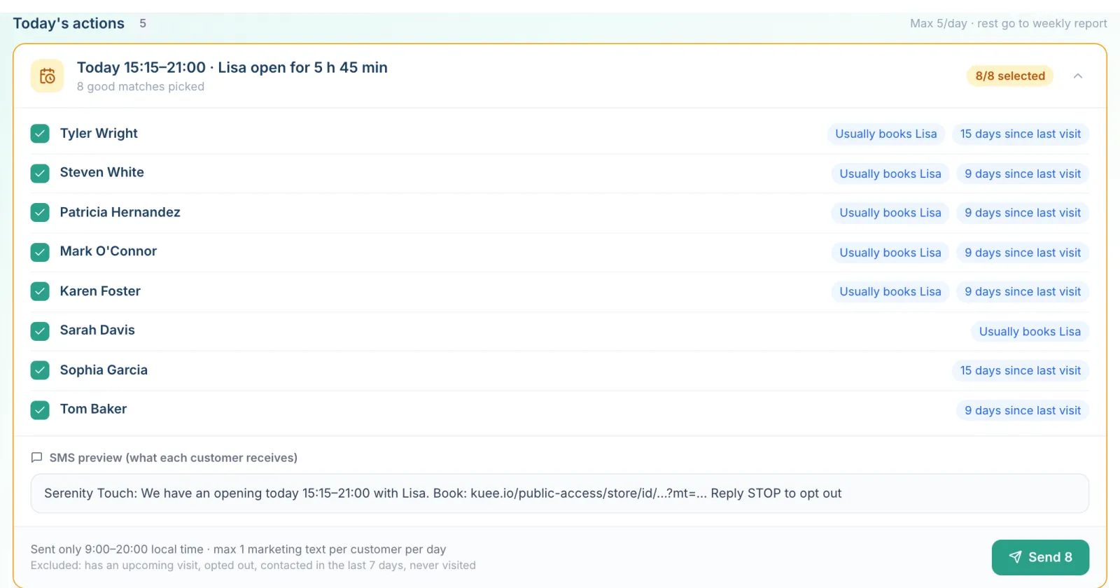 A Today's actions card listing clients picked for an open slot, with their reasons