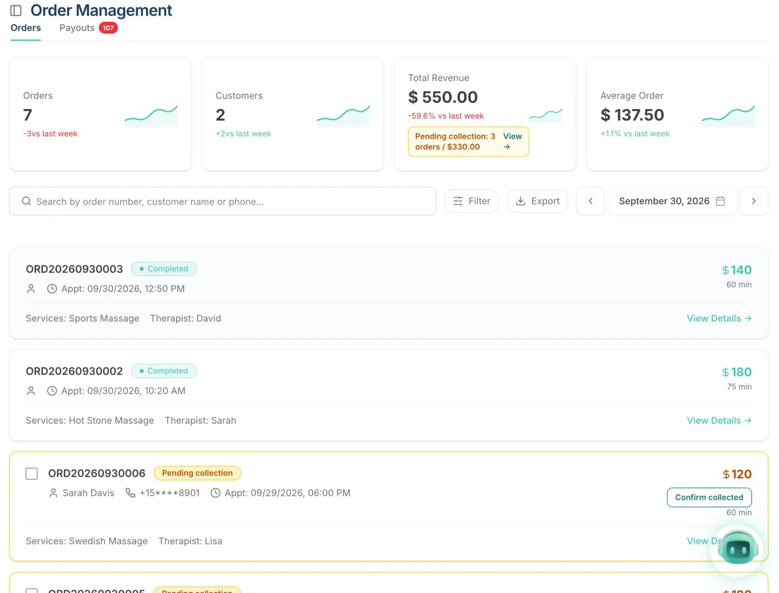 Order Management with the pending collection total and orders marked Pending collection