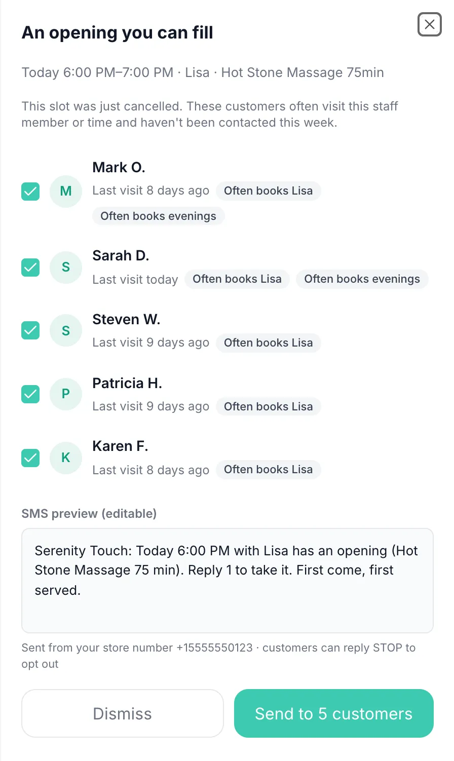 The An opening you can fill drawer with suggested clients and the text they will receive