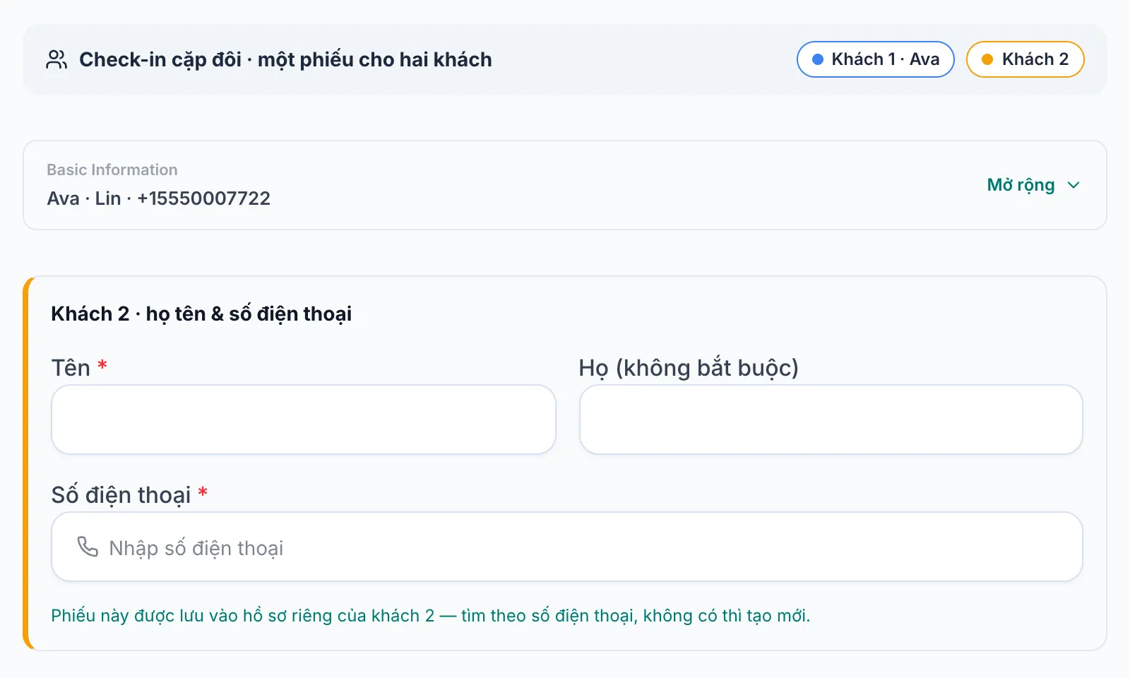 Phần họ tên và số điện thoại của Khách 2 cùng ô chữ ký thứ hai