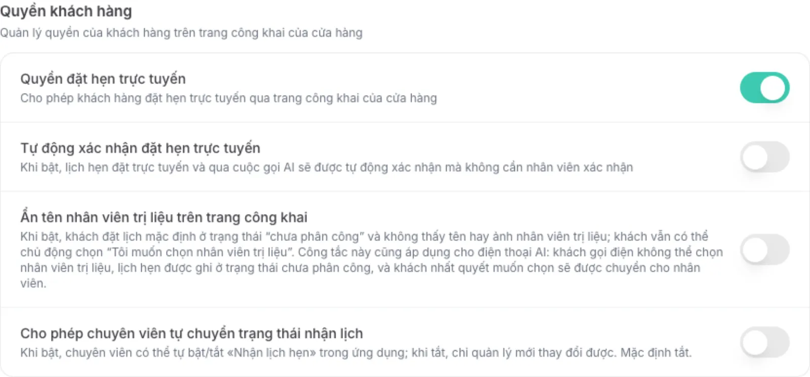 Quyền khách hàng với Ẩn tên nhân viên trị liệu trên trang công khai đang tắt