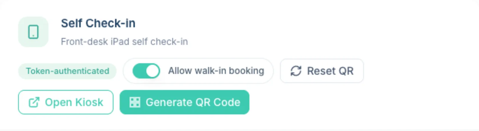 Self Check-in card with Allow walk-in booking switched on