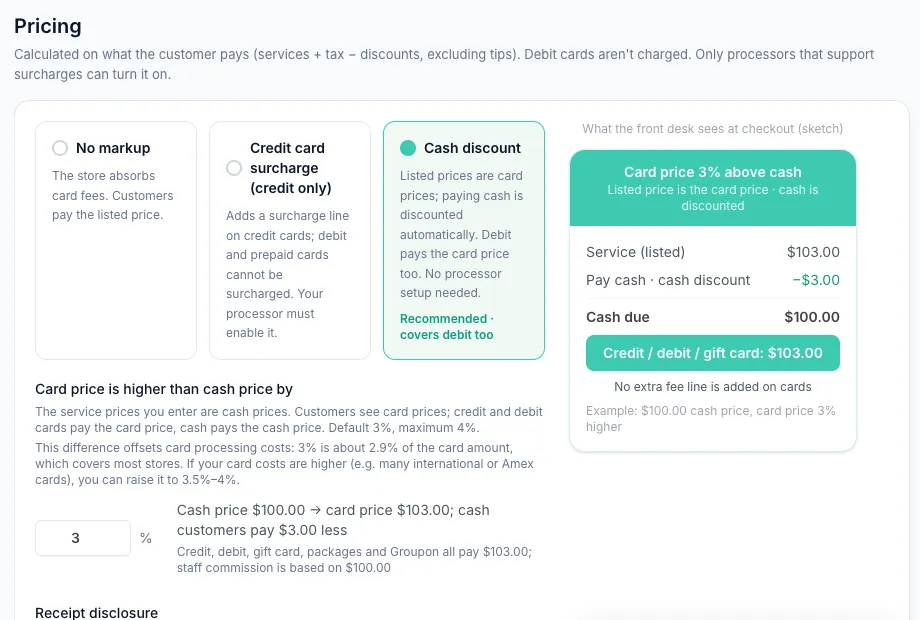 Pricing with Cash discount selected, a 3% rate, and a checkout sketch showing $103.00 card and $100.00 cash